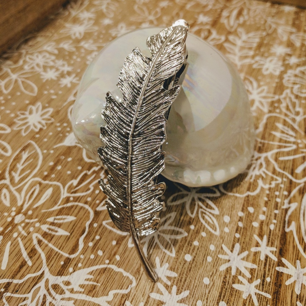 Large Stunning Silver Feather Hair Barrette